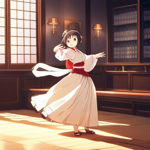 Anime Girl Dancing in Traditional Dress, Ghibli Style