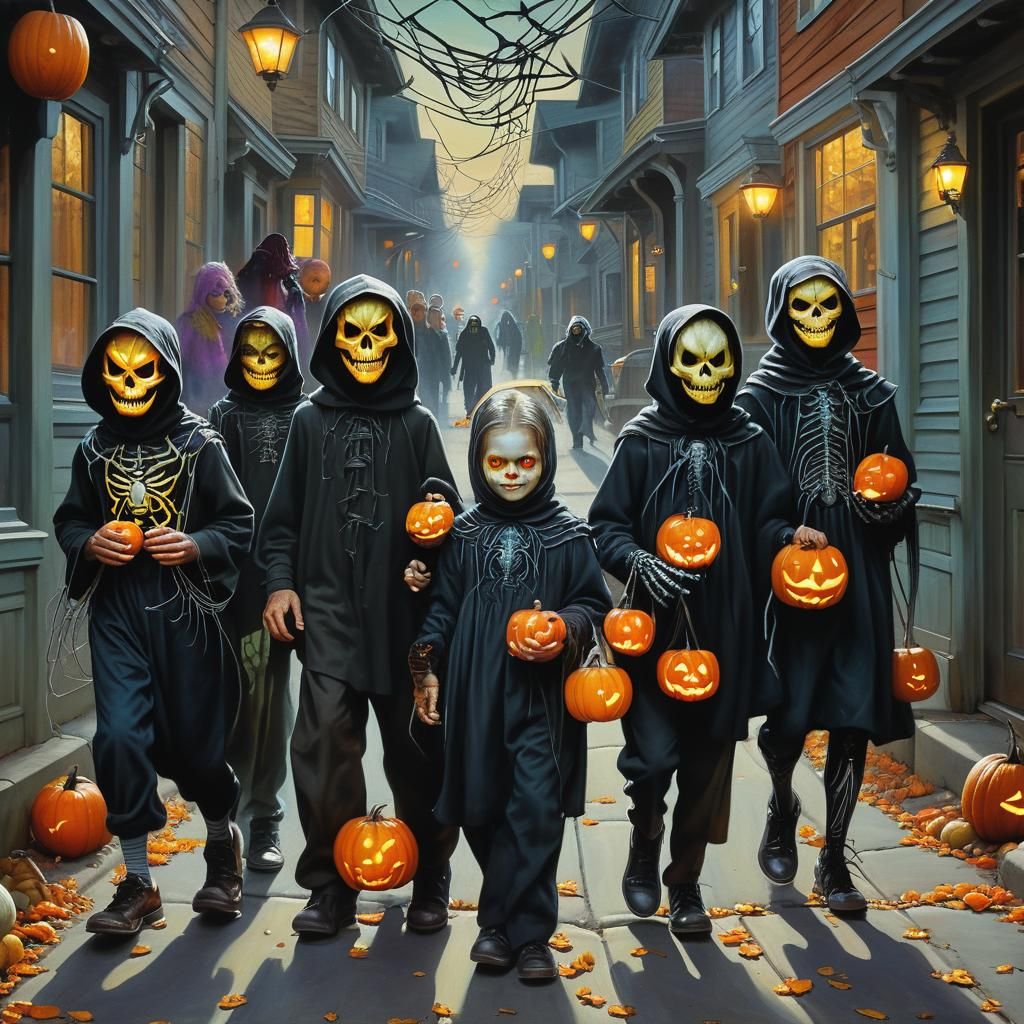 Trick-or-Treaters in a Surrealist Halloween Night