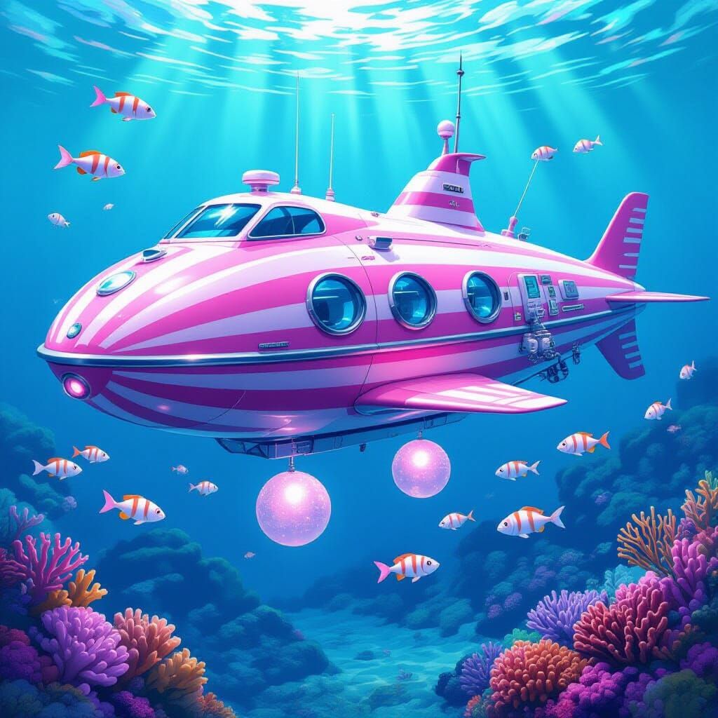 Pink Undersea Research Vessel with Fish