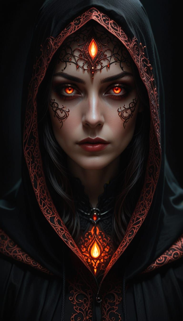 Dark Fantasy Woman with Glowing Red Filigree