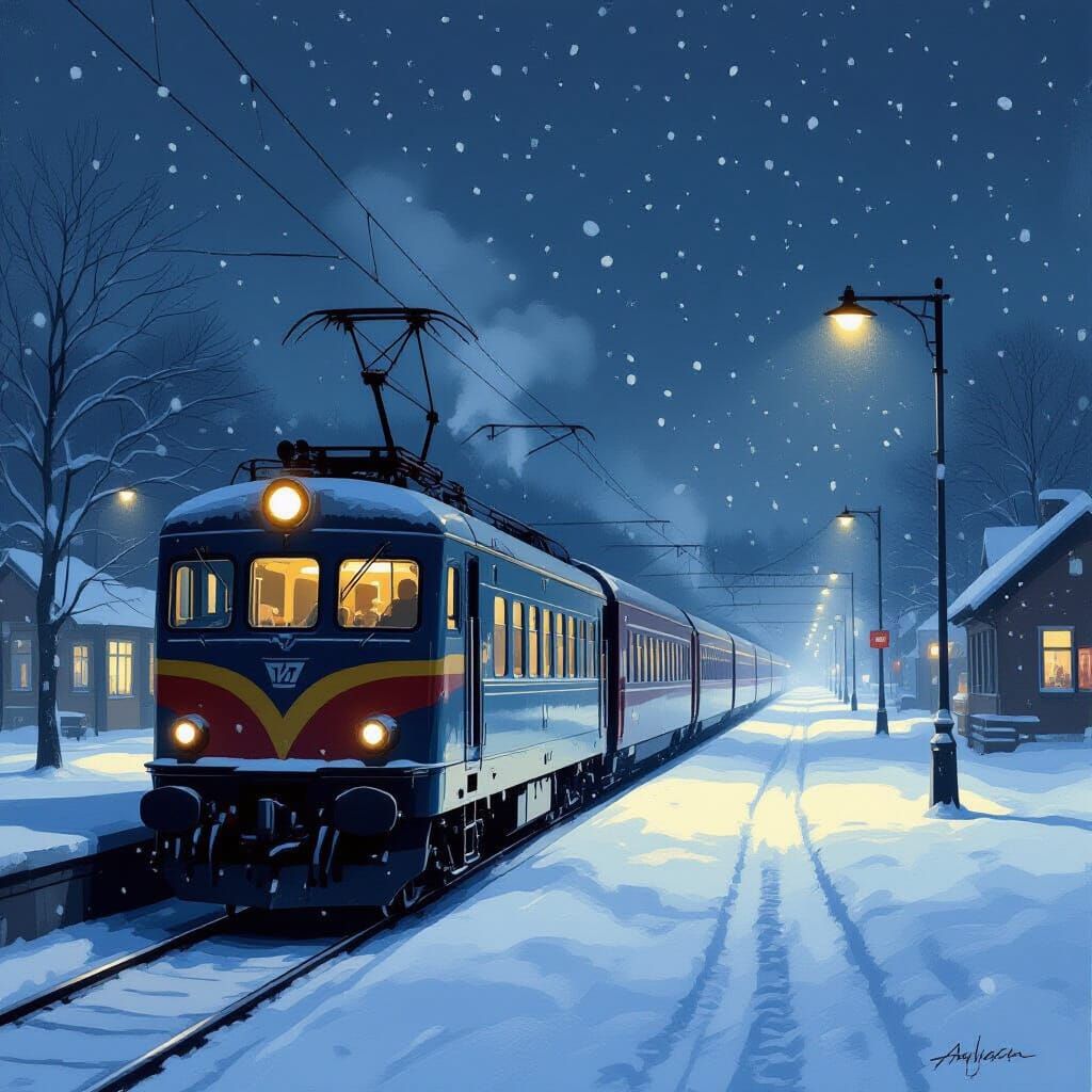 Snowy Train Station at Night: Romantic Era Style