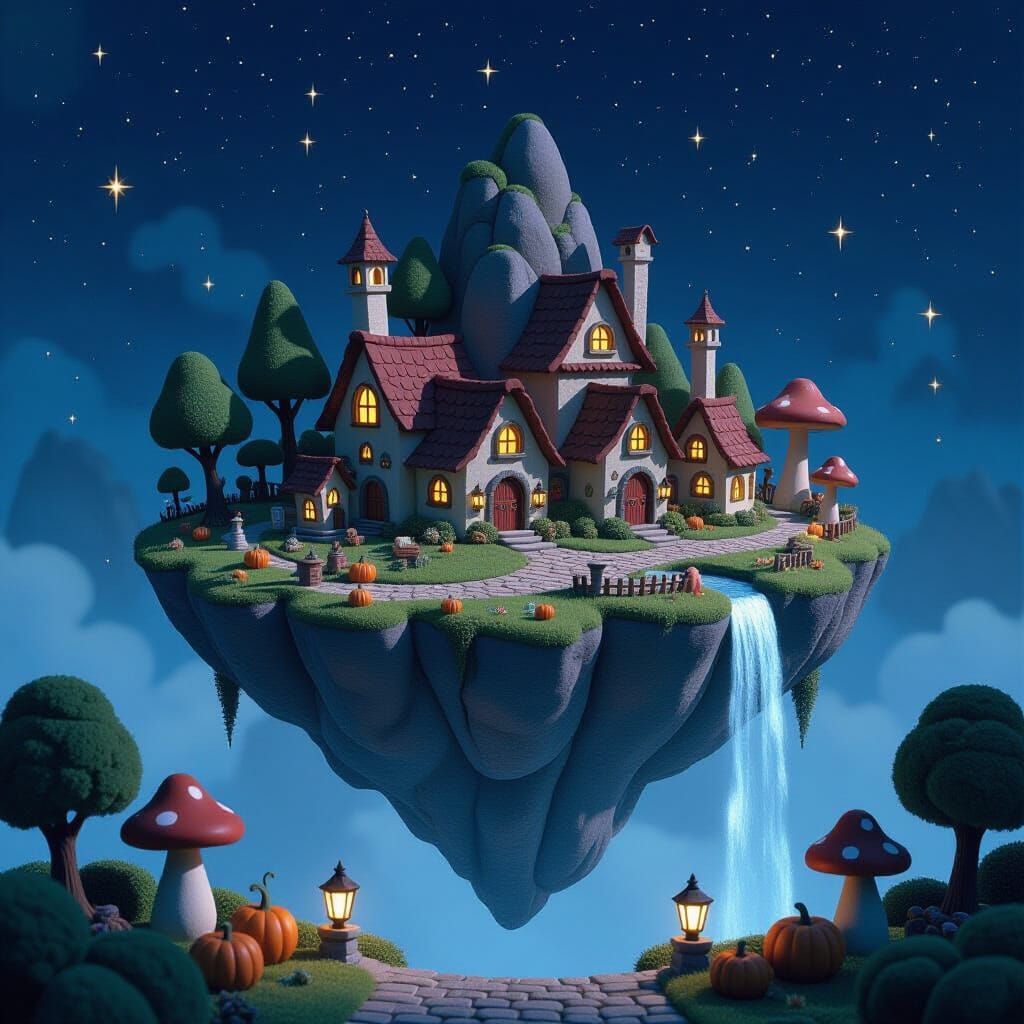 Mystical Floating Island Village in Claymation Style
