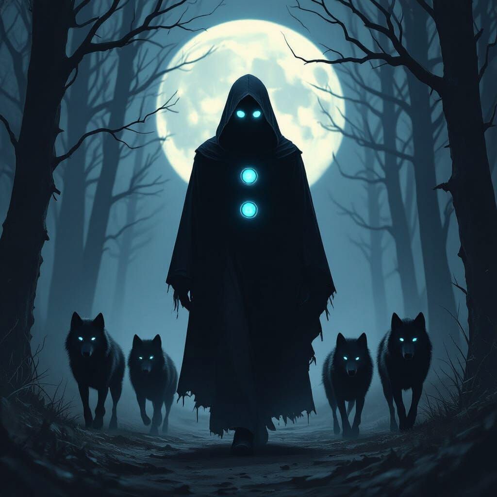 Hooded Figure with Glowing Eyes and Wolves in Dark Forest