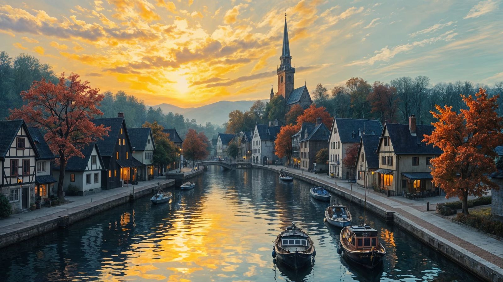 Bavarian Canal Town at Twilight: Neo-Impressionist Oil Paint...