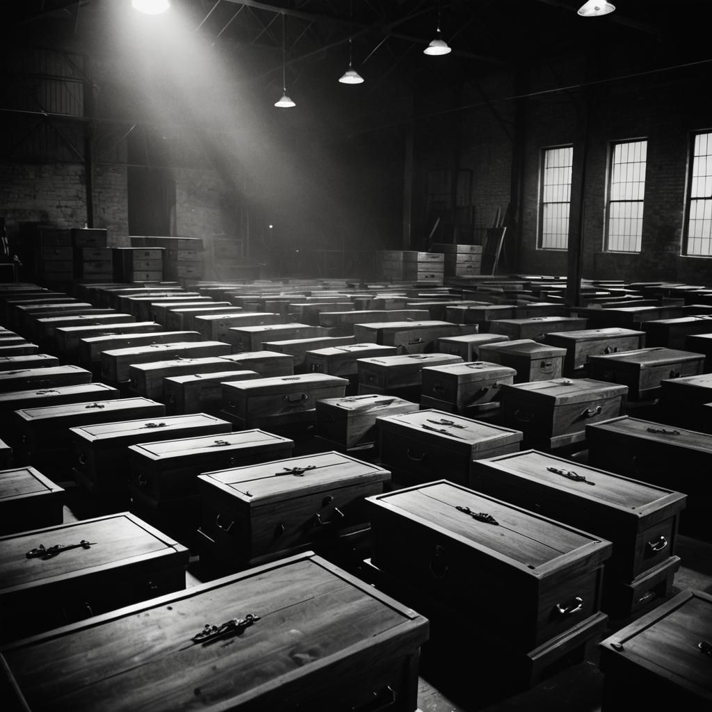 Film Noir: Rows of Caskets in Warehouse