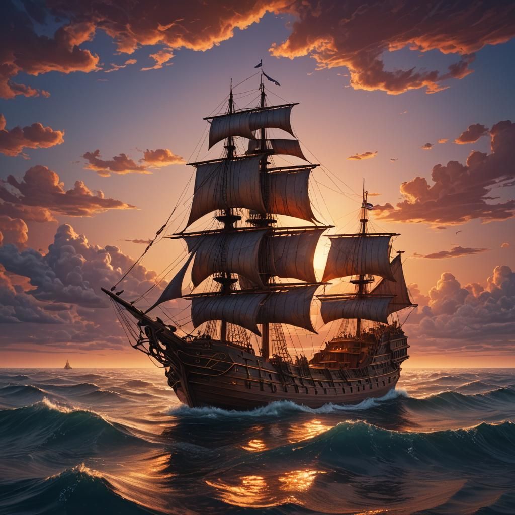 Wooden Ship at Sunset: Fantasy Concept Art