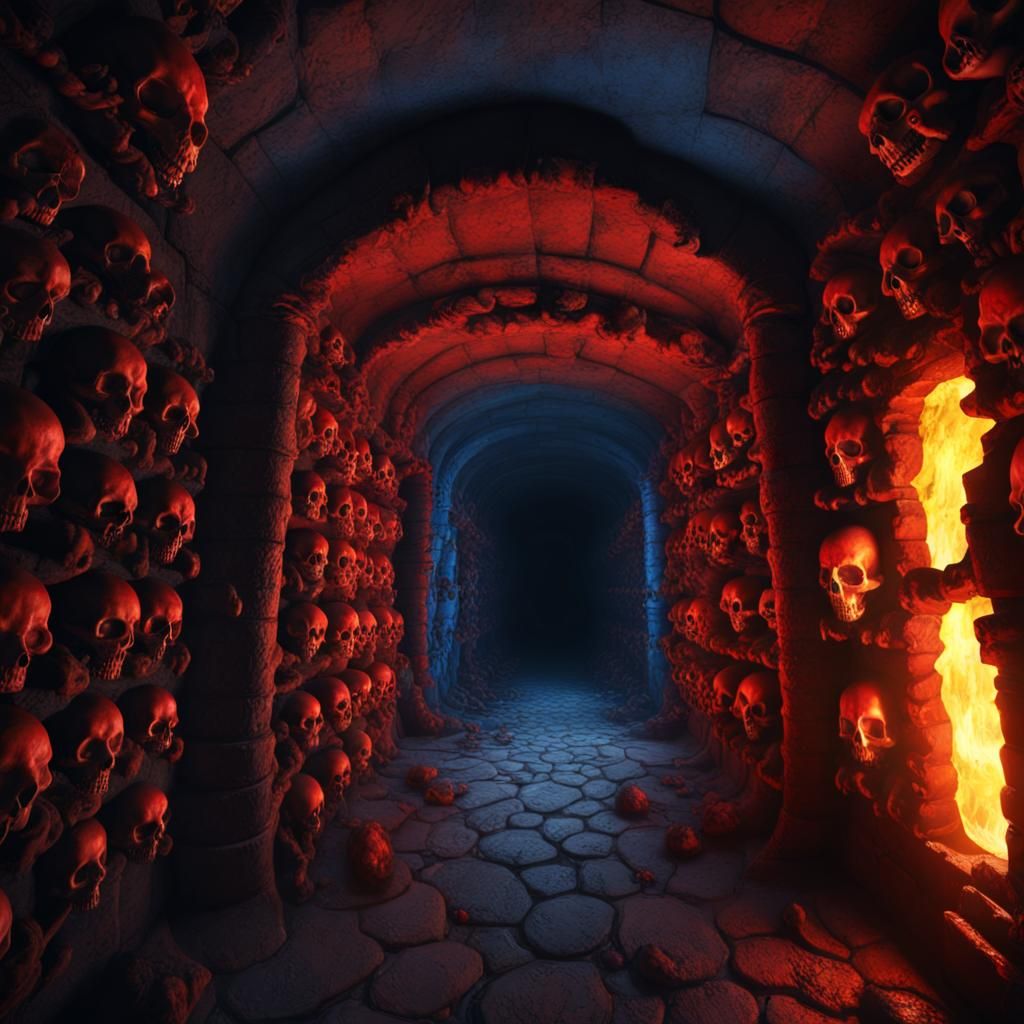 Colorful Skulls Line Dark Catacomb Tunnel