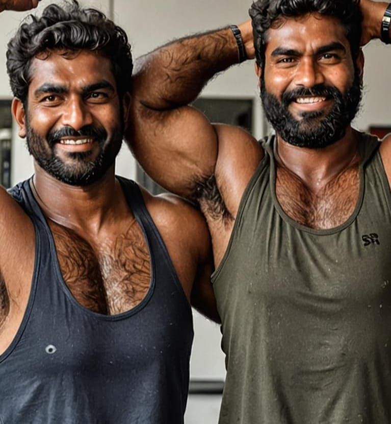 Two Muscular Men Posing in Gym