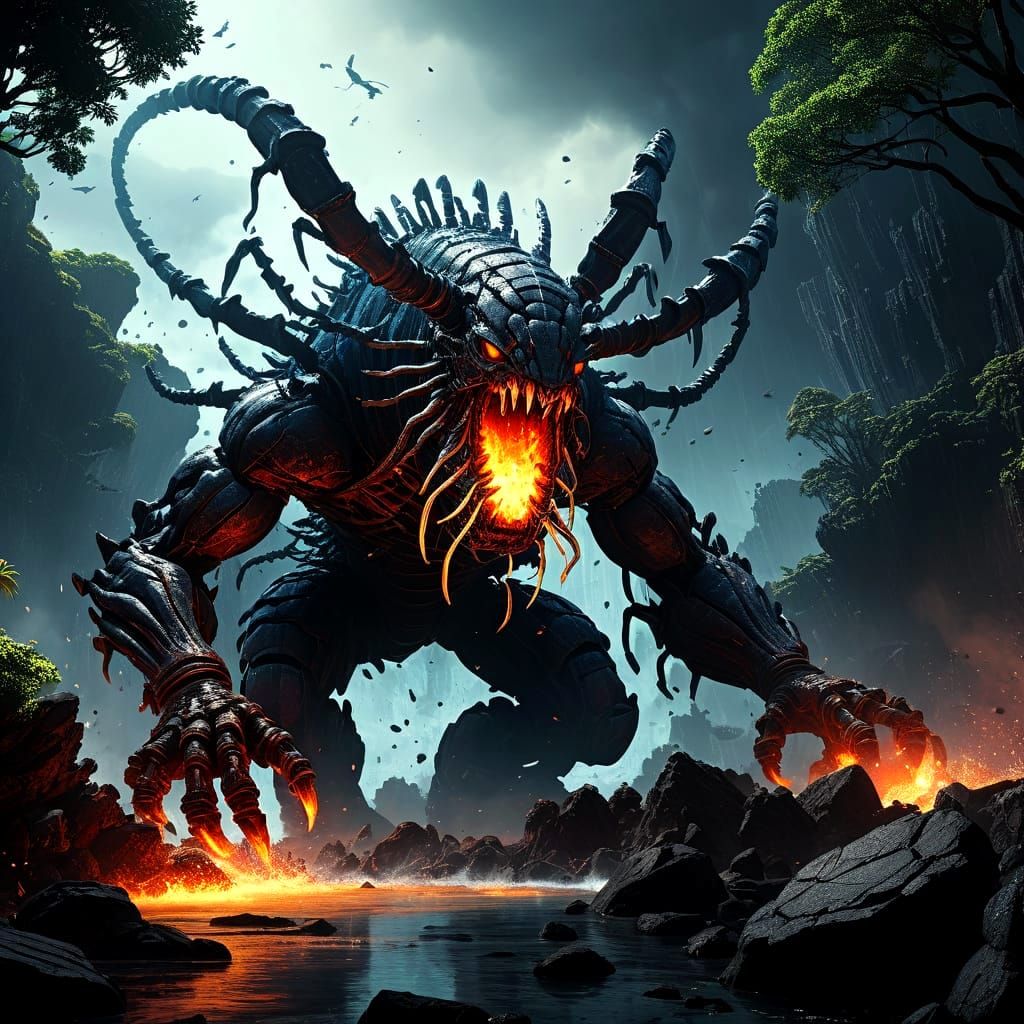 Epic Lava Scorpion Devastates Tropical Island in Sci-Fi Art