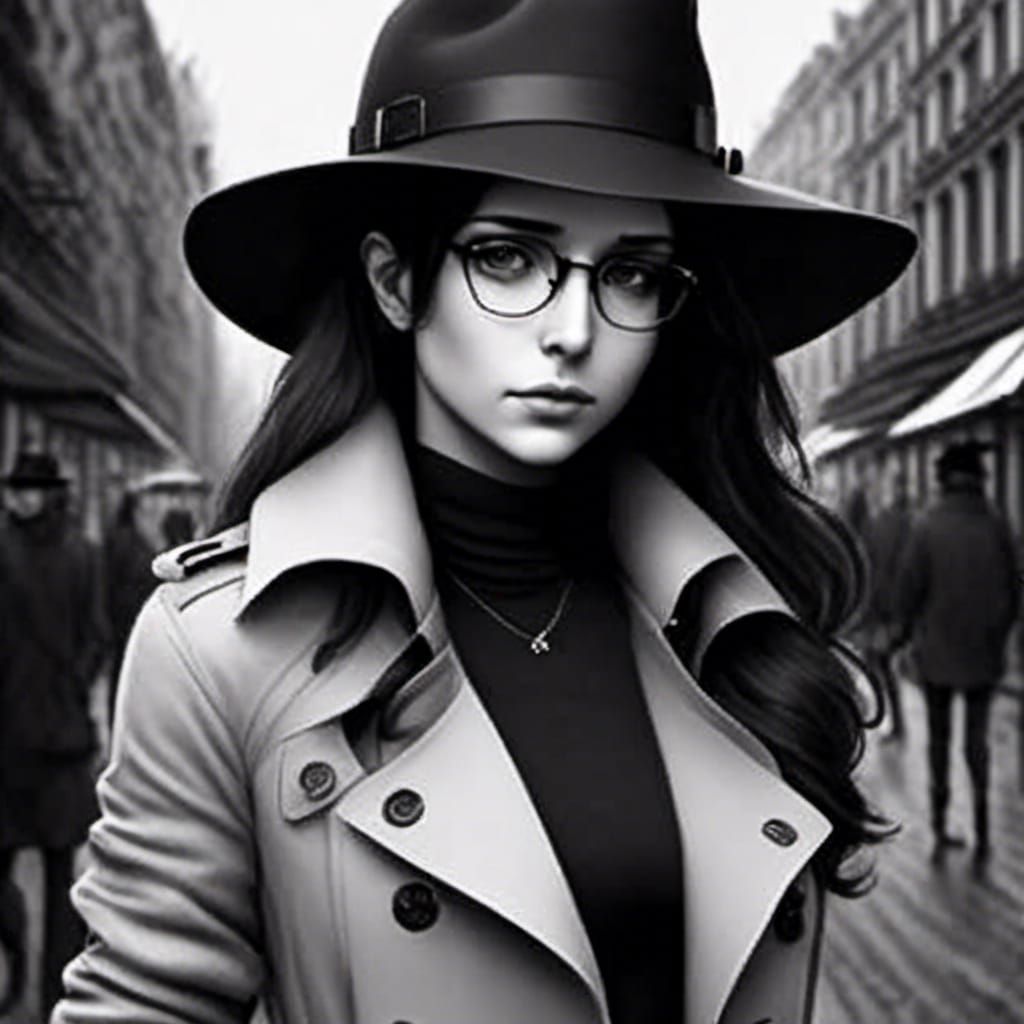 Noir Portrait of Woman in Fedora and Trenchcoat