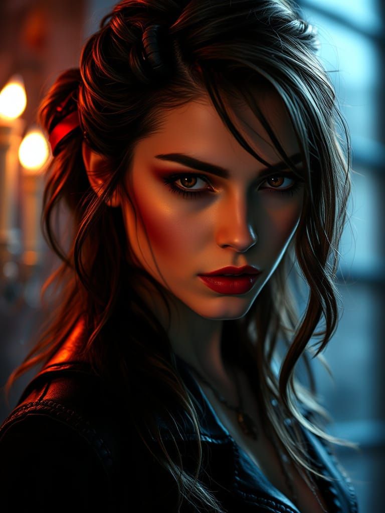 Stunningly beautiful alluring vampiress, intimidating stare,...