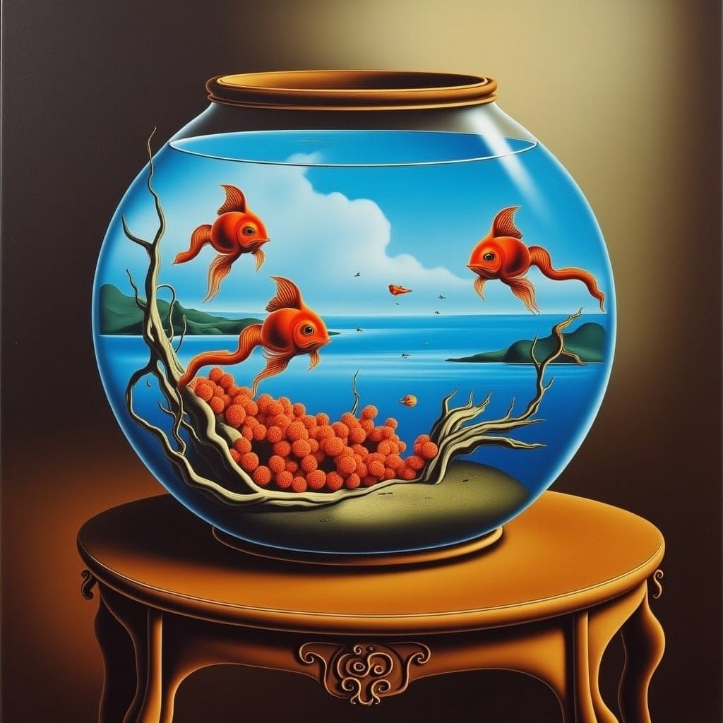 <lora:STRANGE WORLD:1.0> Beautiful round fishbowl with beautiful goldfish, on a table in an asian room, surreal scene