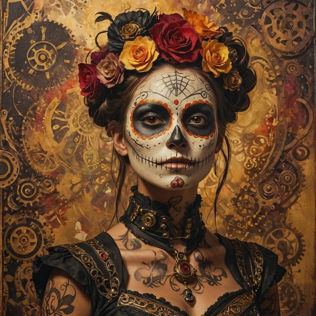 Steampunk Dia de los Muertos Ink Painting