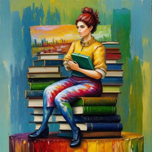 Woman on Books in Expressionist Impasto Oil Painting