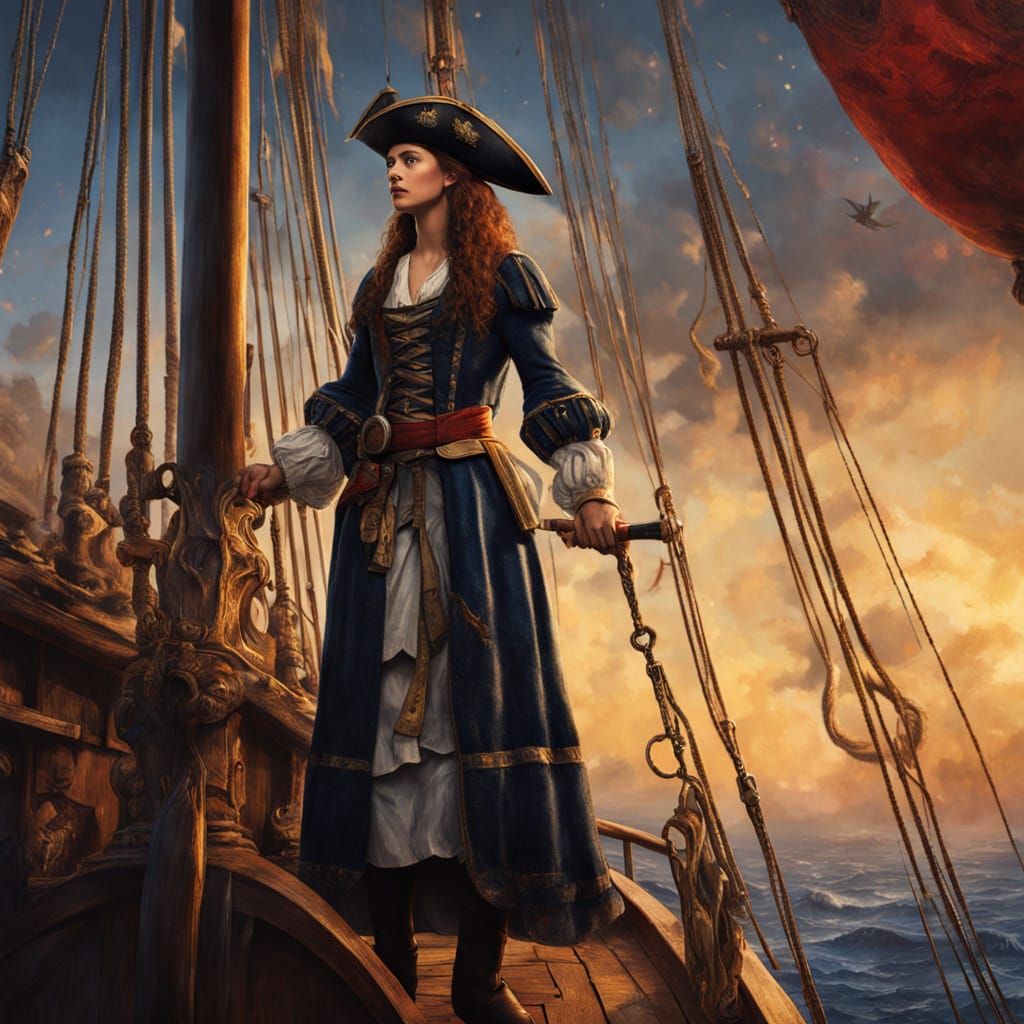 Lady Pirate on Deck in Pre-Raphaelite Style