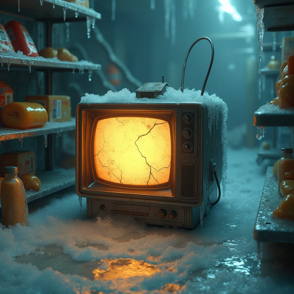 Vintage TV Emanates Ethereal Glow from Icy Congelador