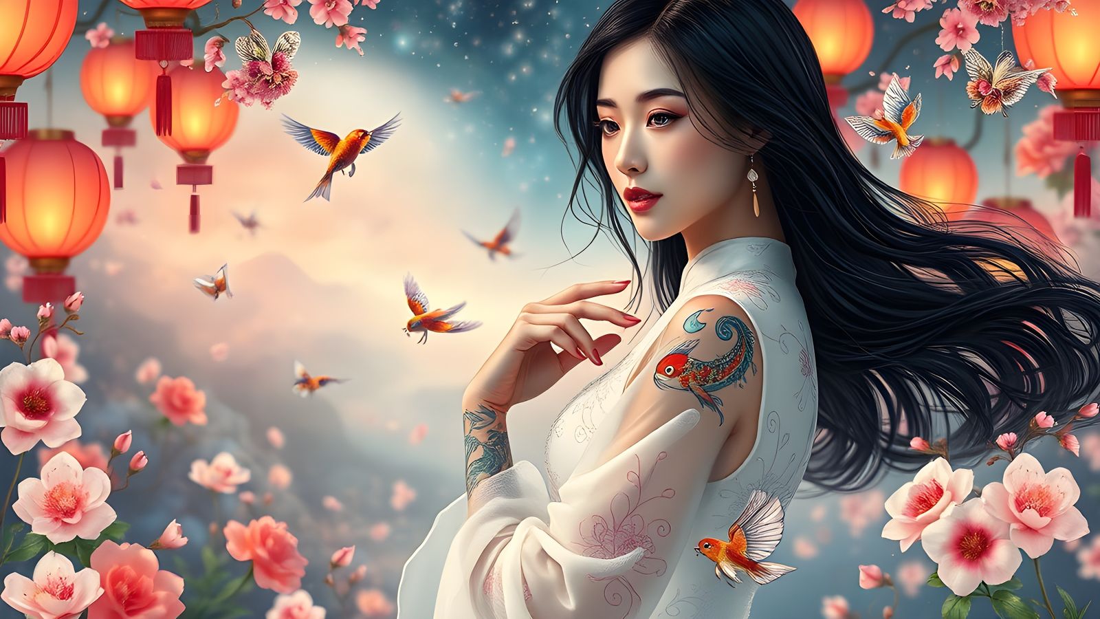 Elegant Woman with Floral Tattoos in Fantasy Setting