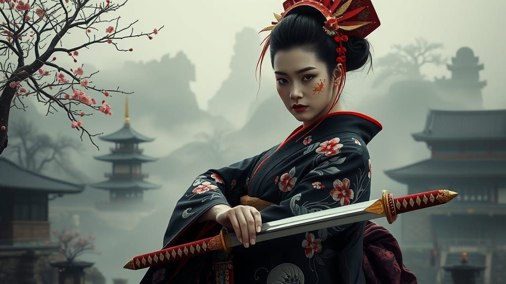 Mysterious Geisha Warrior in Elegant Black Kimono Suit