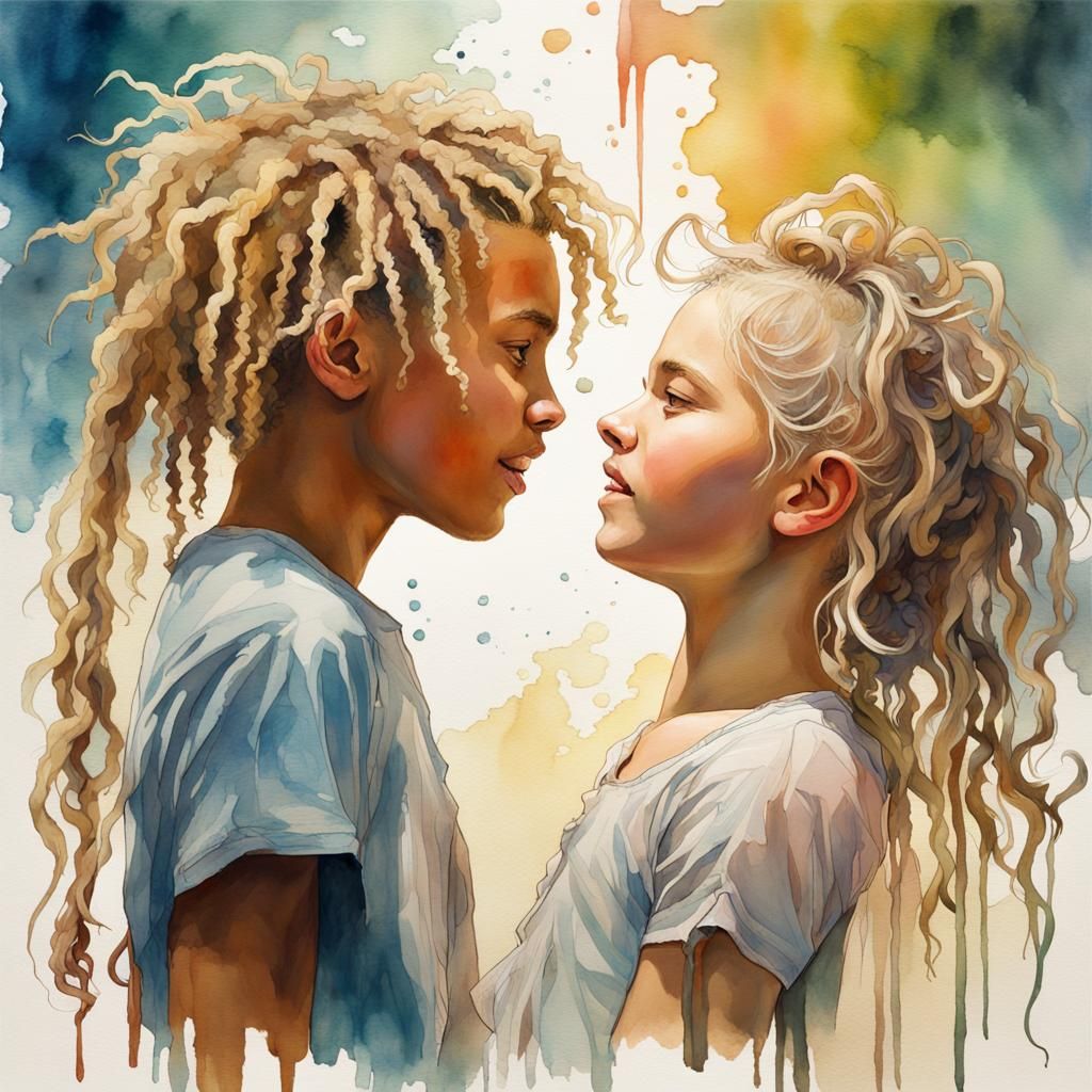 Joyful Encounter in Art Nouveau Watercolor Style