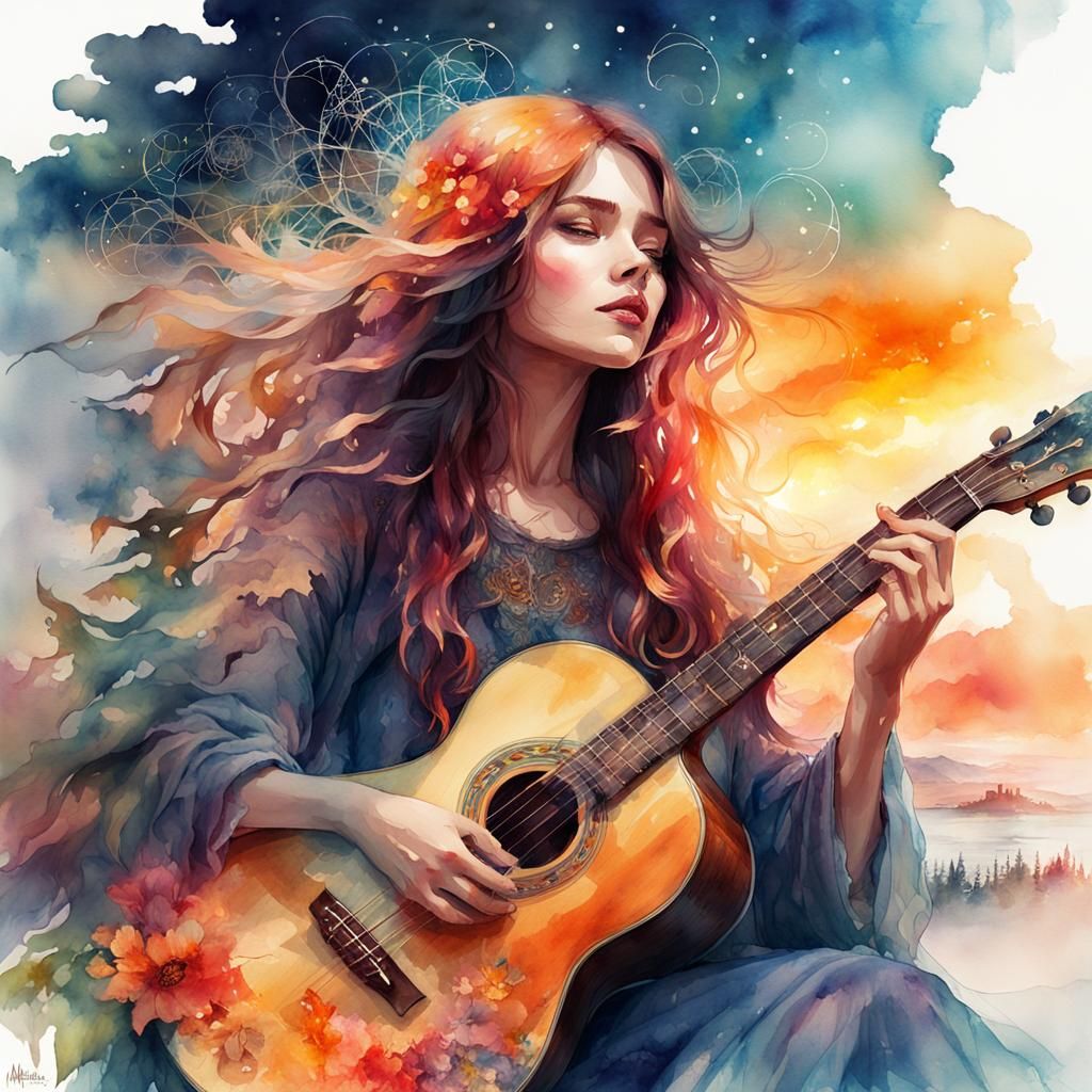 Fiery Witch Plays Guitar at Sunset: Watercolor Illustration