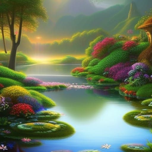 Lily Pond at Sunrise: Vintage Mixed Media Illustration