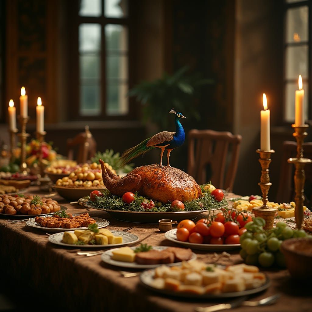 Renaissance Banquet with Roasted Peacock, Cinematic Still