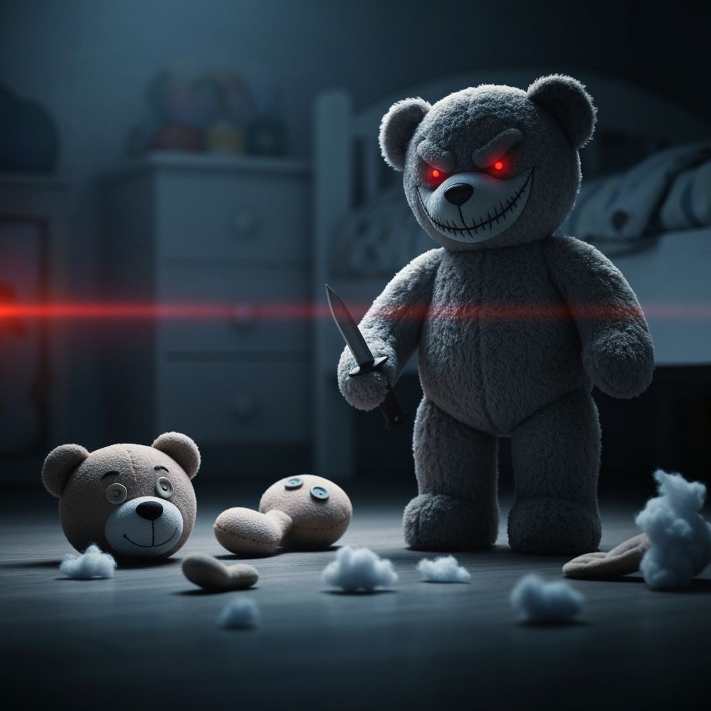 Sinister Teddy Bear with Red Eyes in Horror Scene