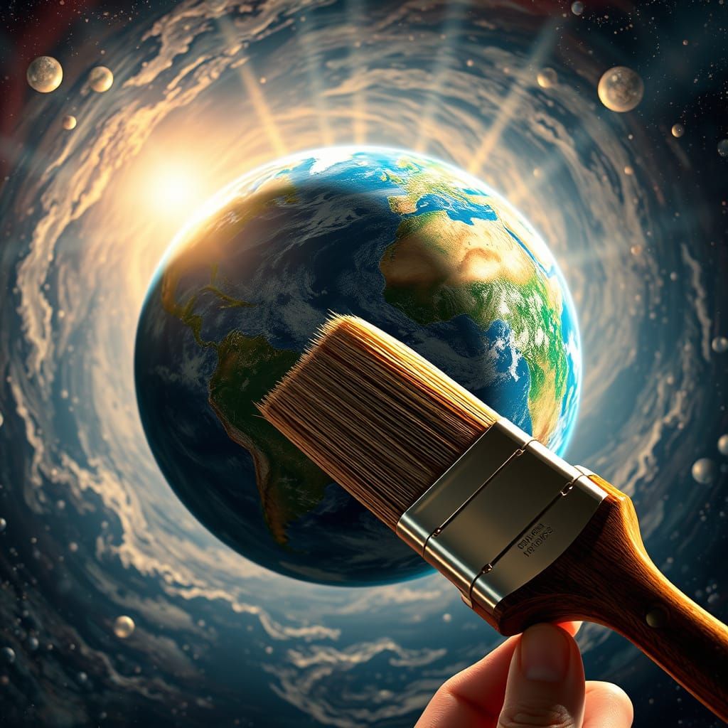 Vibrant Earth from Space with Paint Droplets and Paintbrush