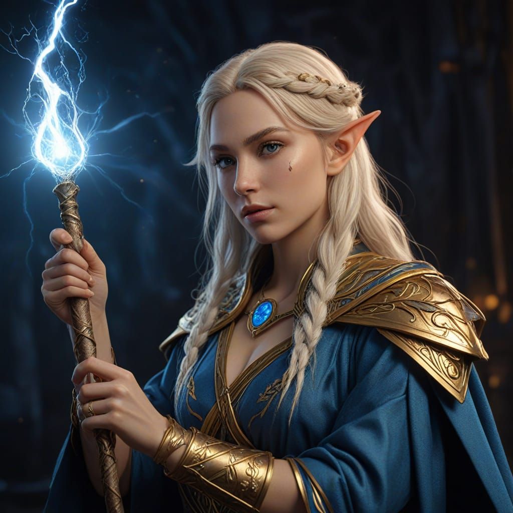 Elven Lightning Sorceress Casting Spell in Anime Style