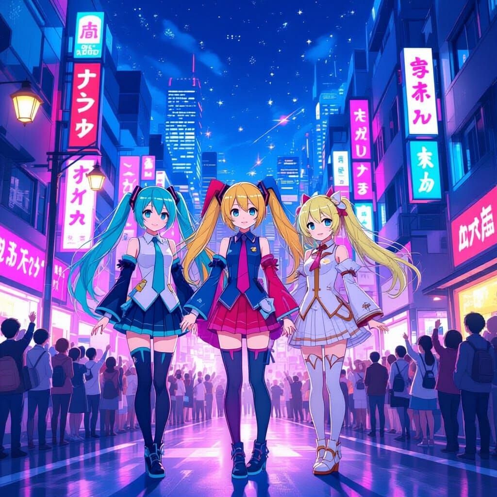 Anime Trio in Futuristic Cityscape with Cheering Crowd