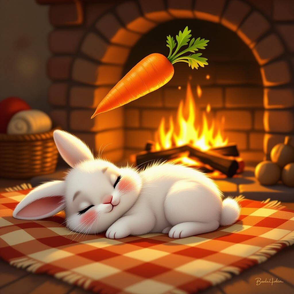 Bunny Dreams of Giant Carrot by Fireplace in Storybook Style