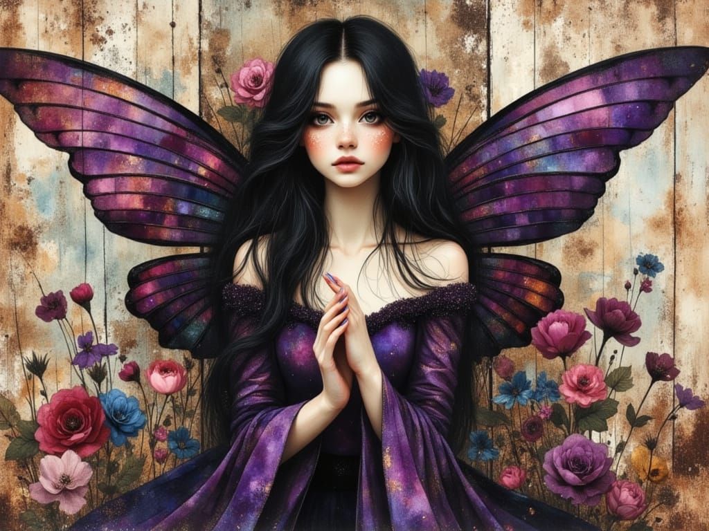 Hyperrealistic Fairy with Purple Wings in Encaustic Style