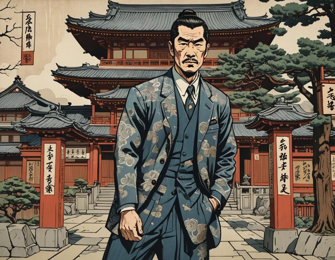 Gangster in Ukiyo-e Style Before Japanese Landmark