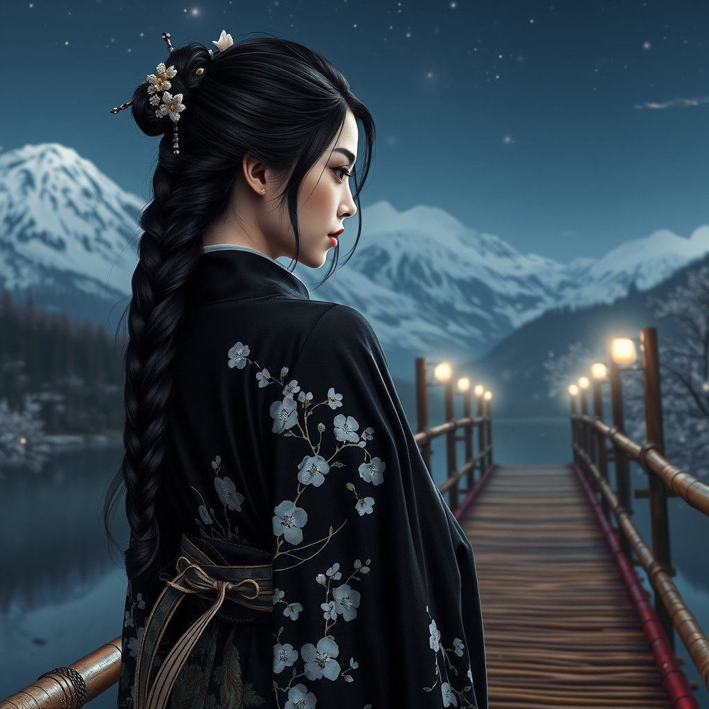 Asian Woman with Katana on Snowy Bamboo Bridge