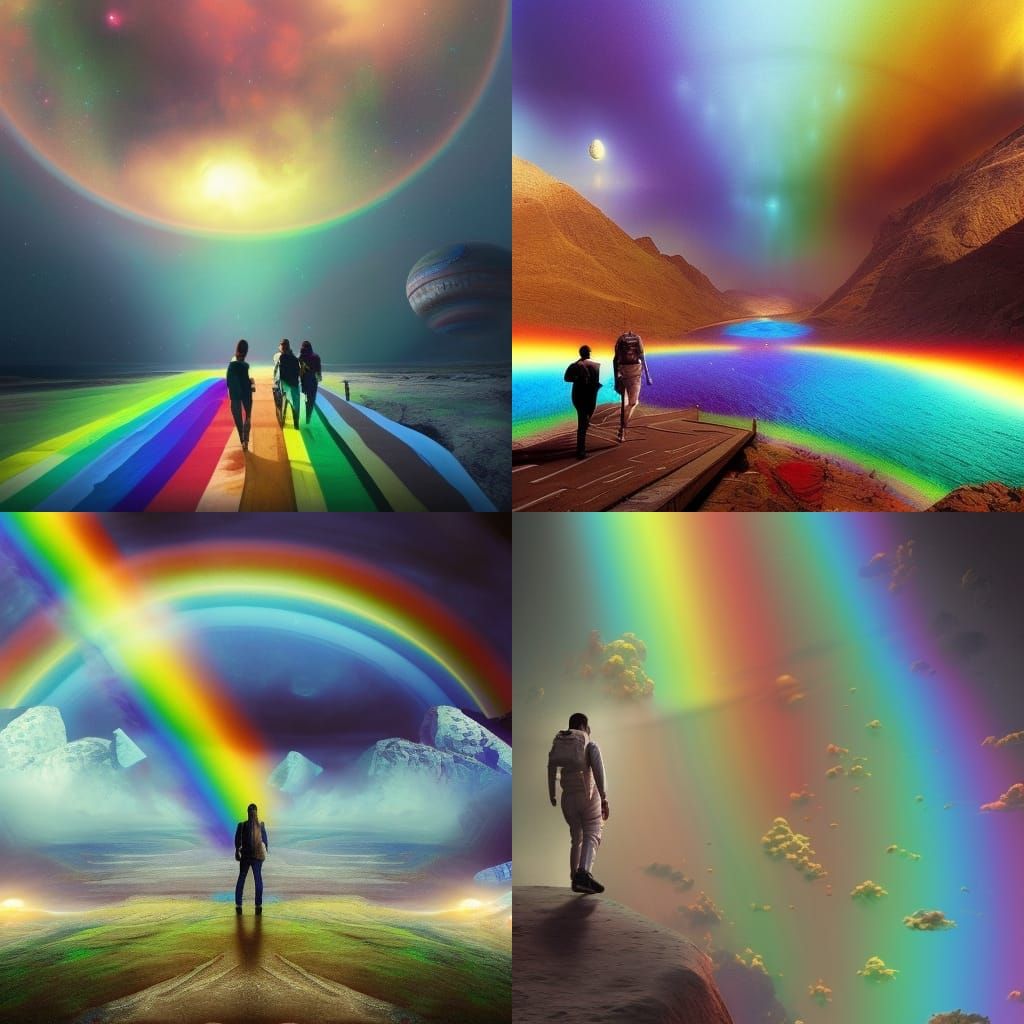 Astronaut Walks in a Rainbow Reality