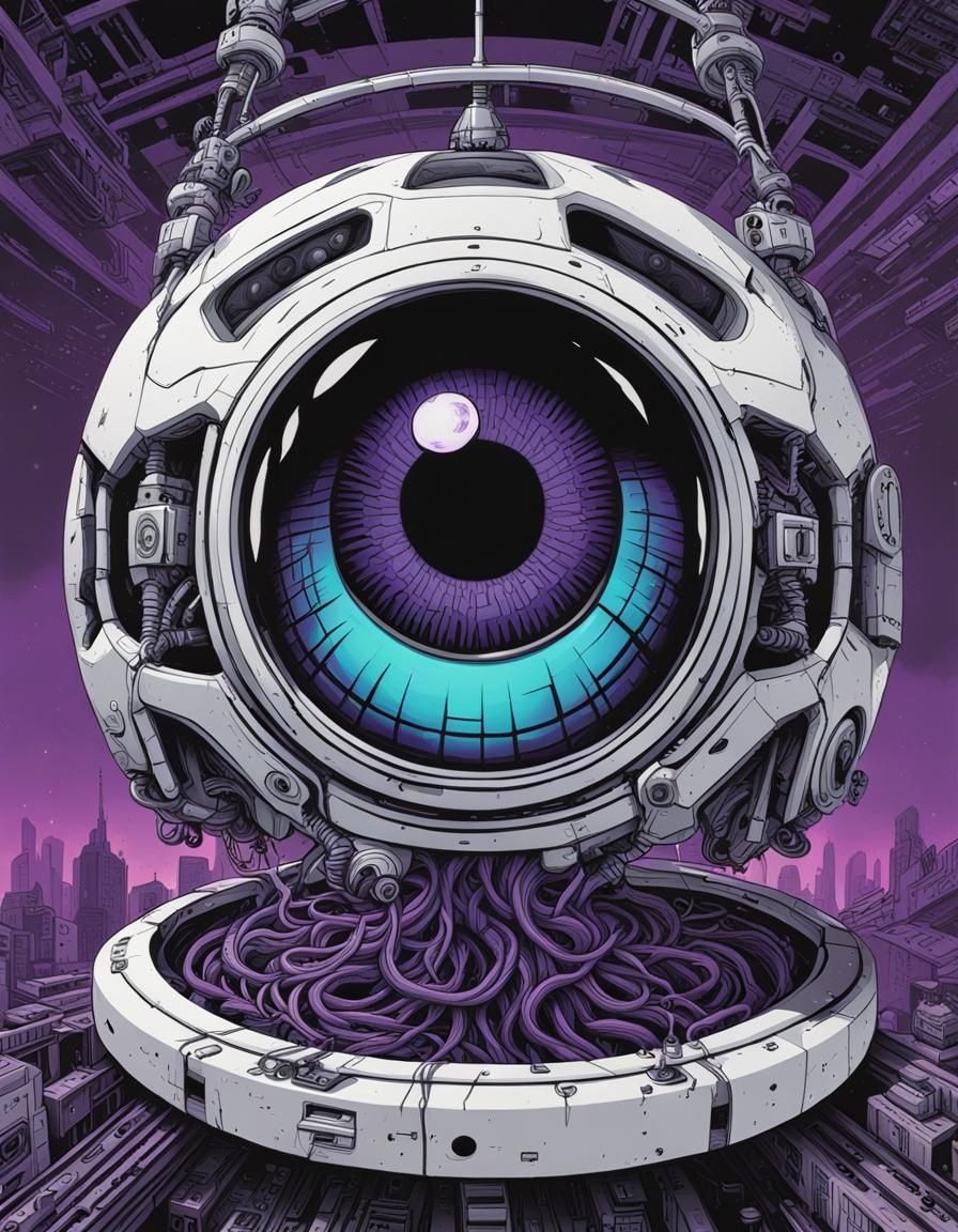 Cybernetic Eyeball in Gritty Sci-Fi Graffiti Art