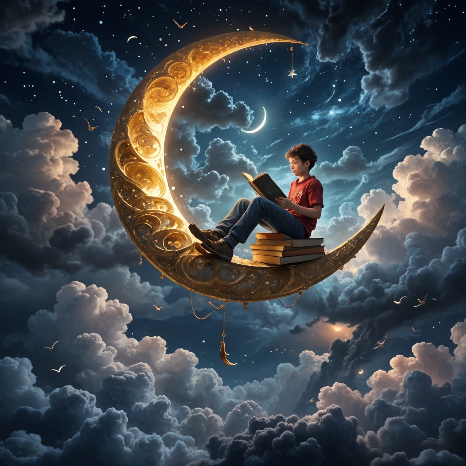 A Boy Reads on a Stacked Book Moon Amidst a Cloudy Night Sky