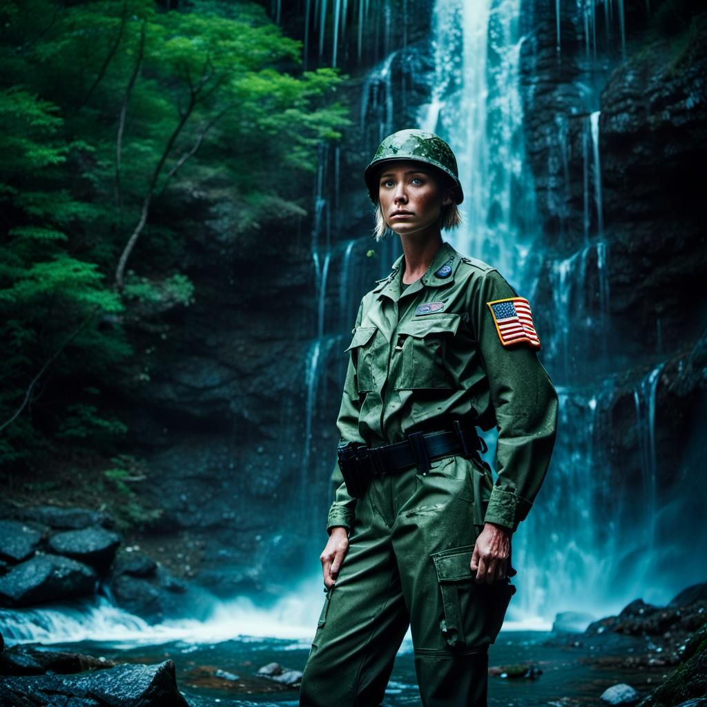 Cinematic Film Still: Woman in Army Uniform at Waterfall