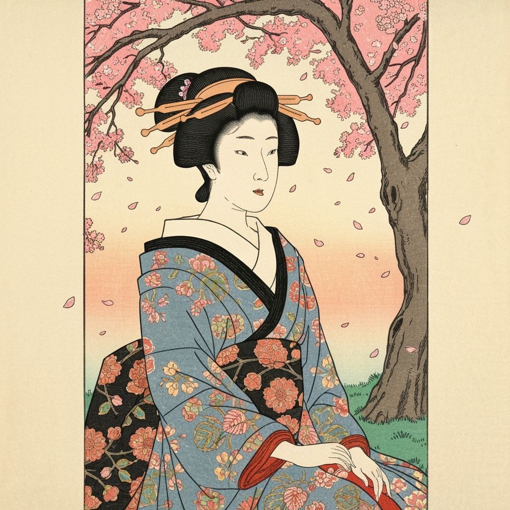 Geisha Serene Under Cherry Blossoms Ukiyo-e Style