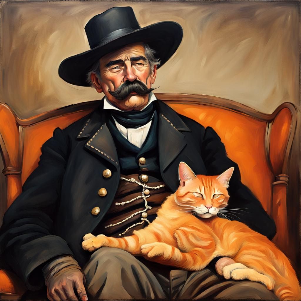 Old West Lawman Petting Cat Oil Painting