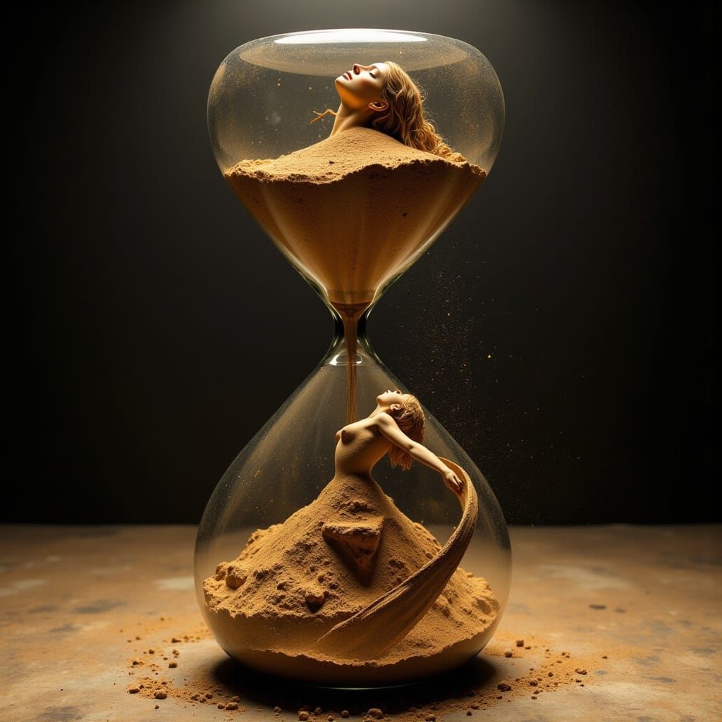 Surreal Hourglass Sculpture of Woman in Sand