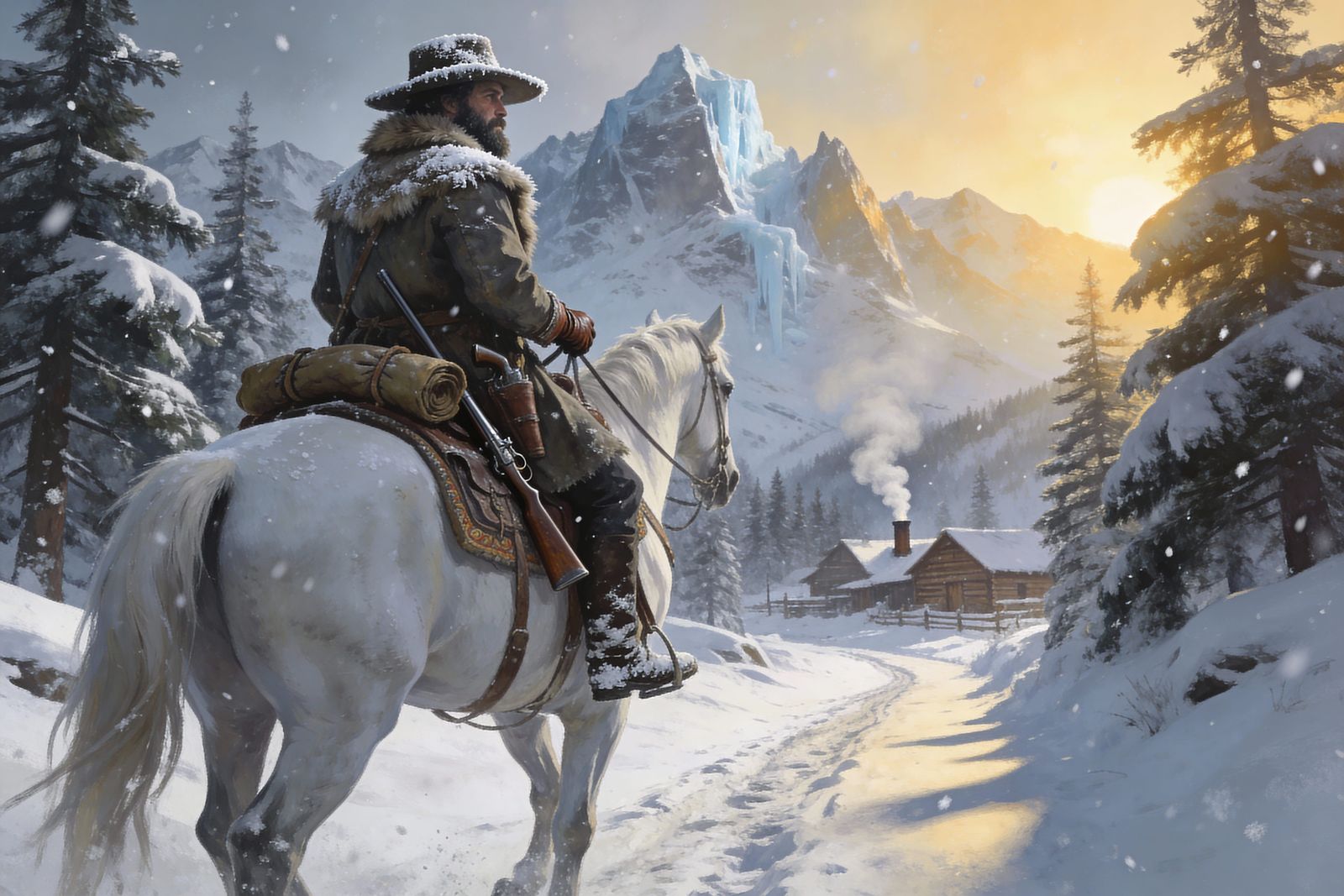 Frontier Rider in Snowy Mountains