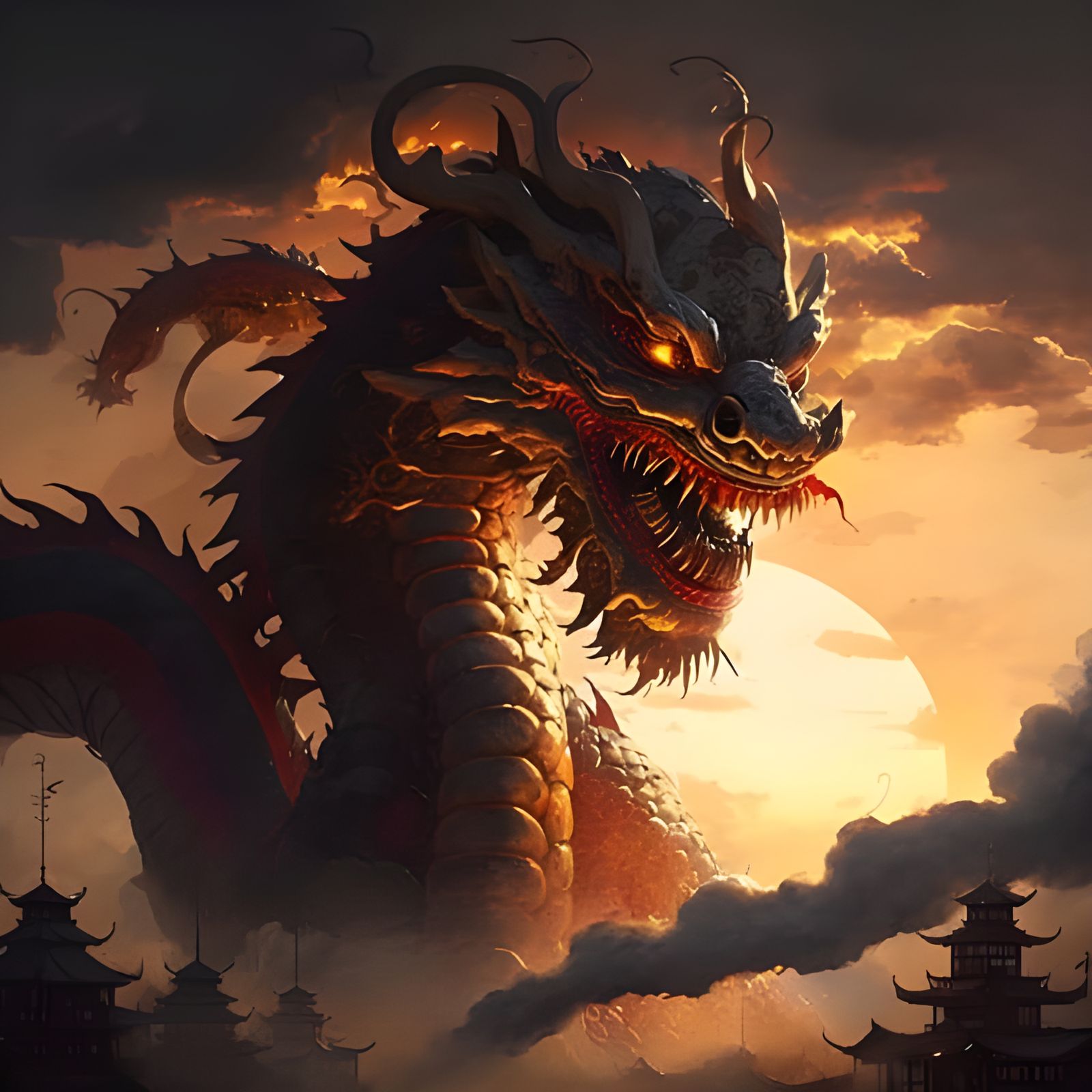 Majestic Red Dragon Flying Over Ancient Village