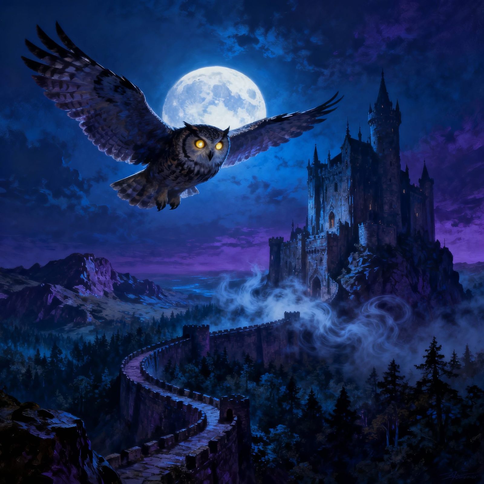Majestic Owl Over Castle Under Full Moon