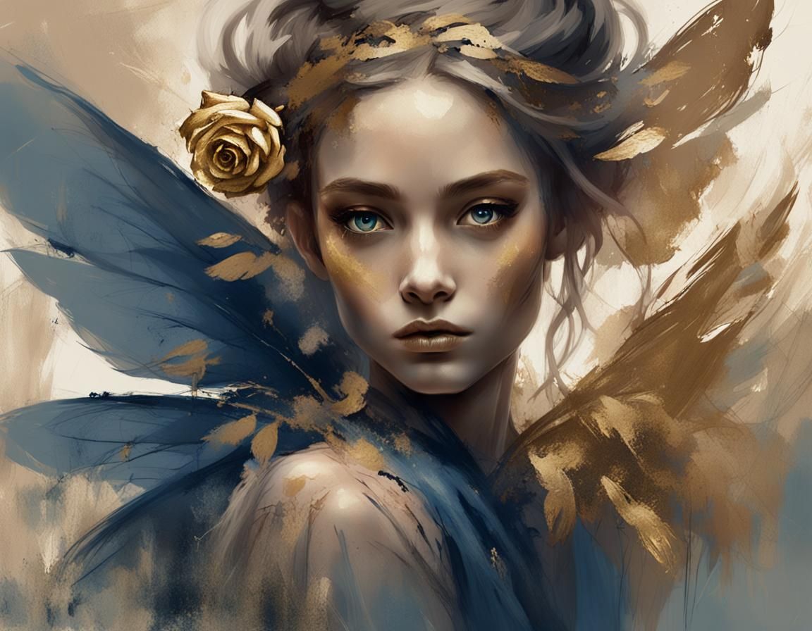 Fantasy Fairy Portrait with Gold Rose as Matte Painting