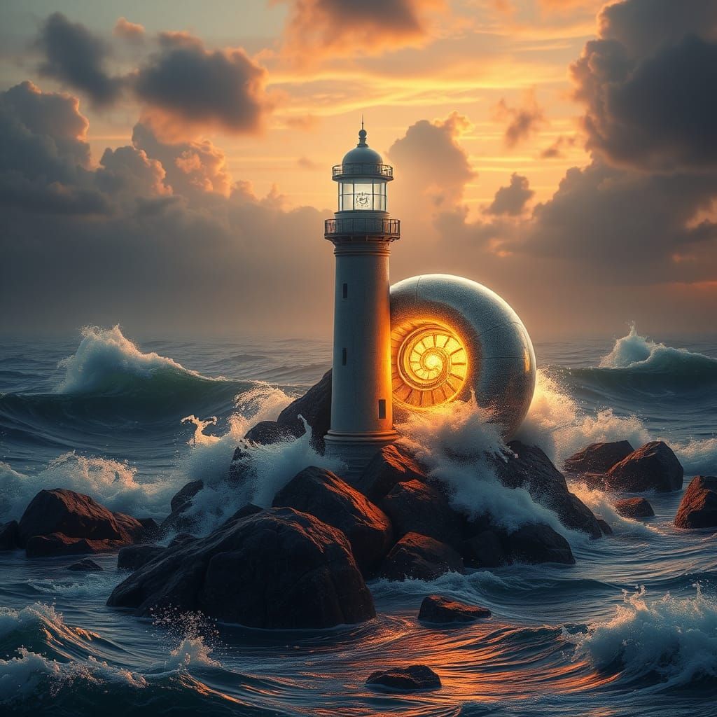 Luminous Lighthouse Amidst Turbulent Waves