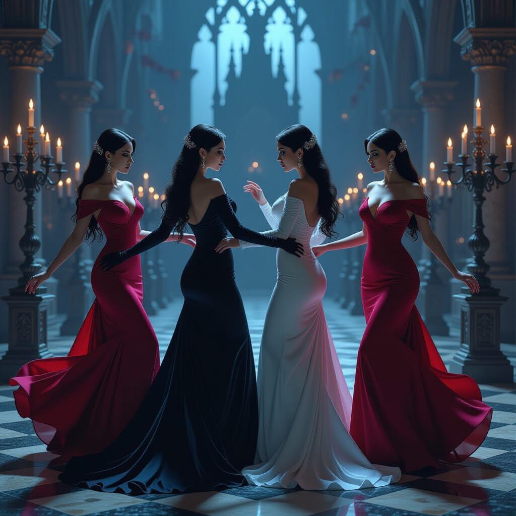 Elegant Vampire Women Dancing in Gothic Hall
