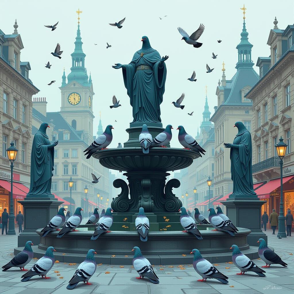 Pigeons on Ornate Statues in City Square