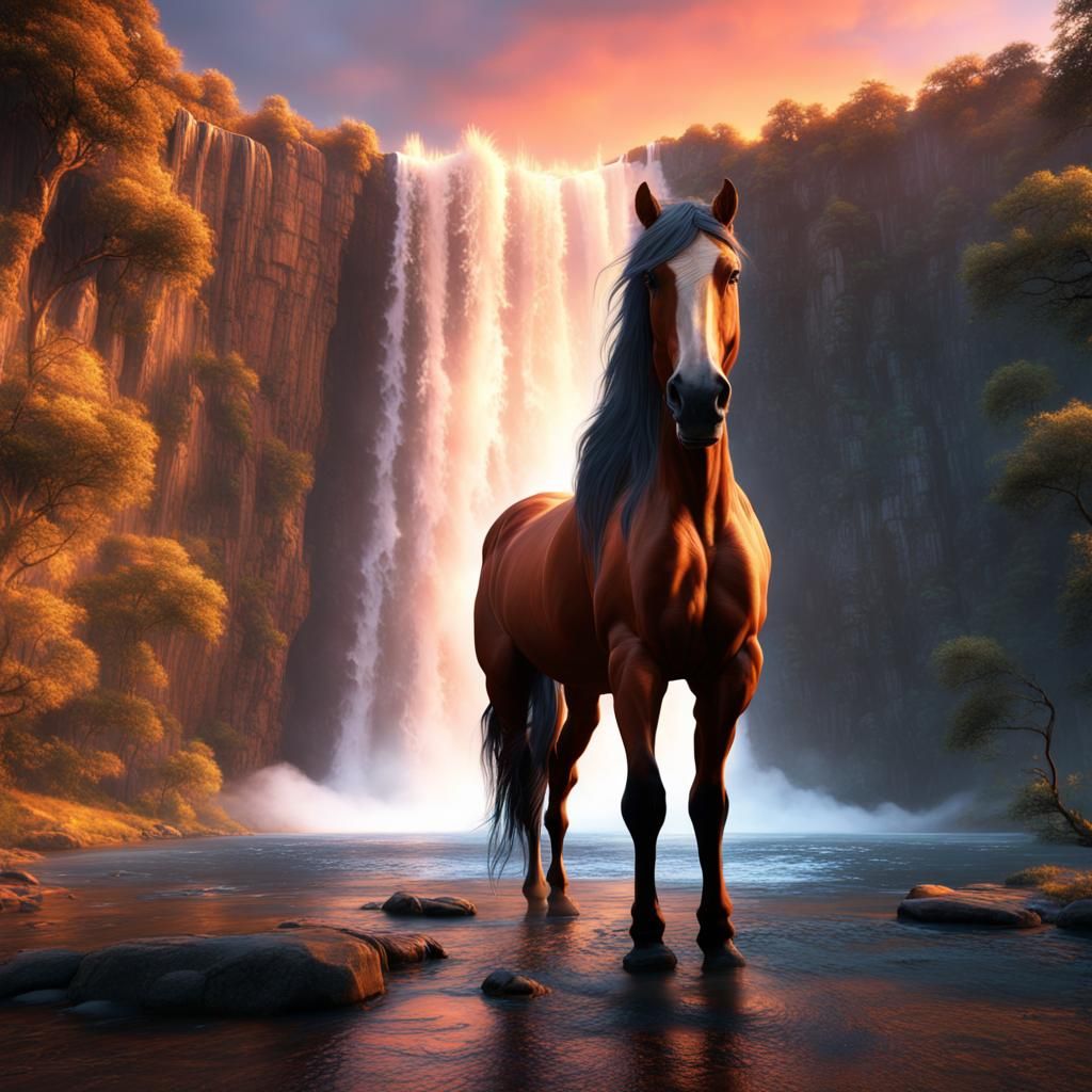 Horse at Waterfall Sunset: Detailed Matte Painting