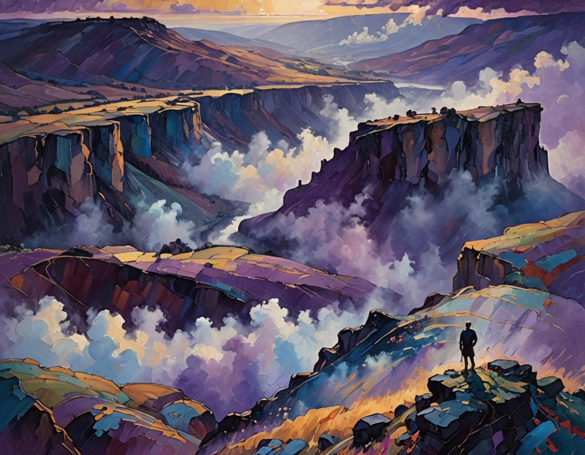 Vibrant Expressionist Masterpiece: Lone Figure on Cliff's Ed...